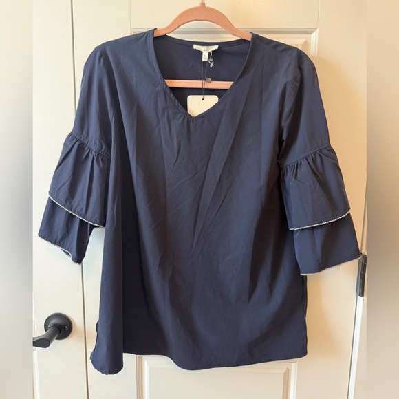 JOH Tops - JOH Navy V-Neck Tiered Ruffle Sleeve Blouse